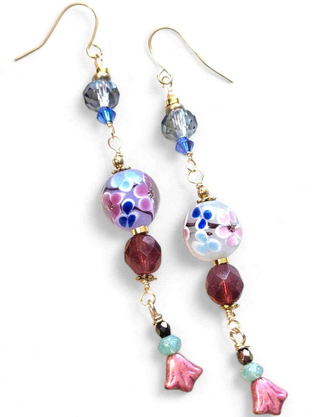 Long 3" Linear Dangle Earrings Flower Lampwork Swarovski Czech Gold Pink Blue